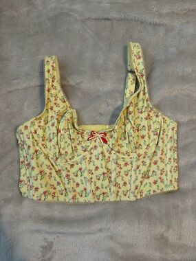 Yellow Floral Bustier Crop Top with Bow Accent